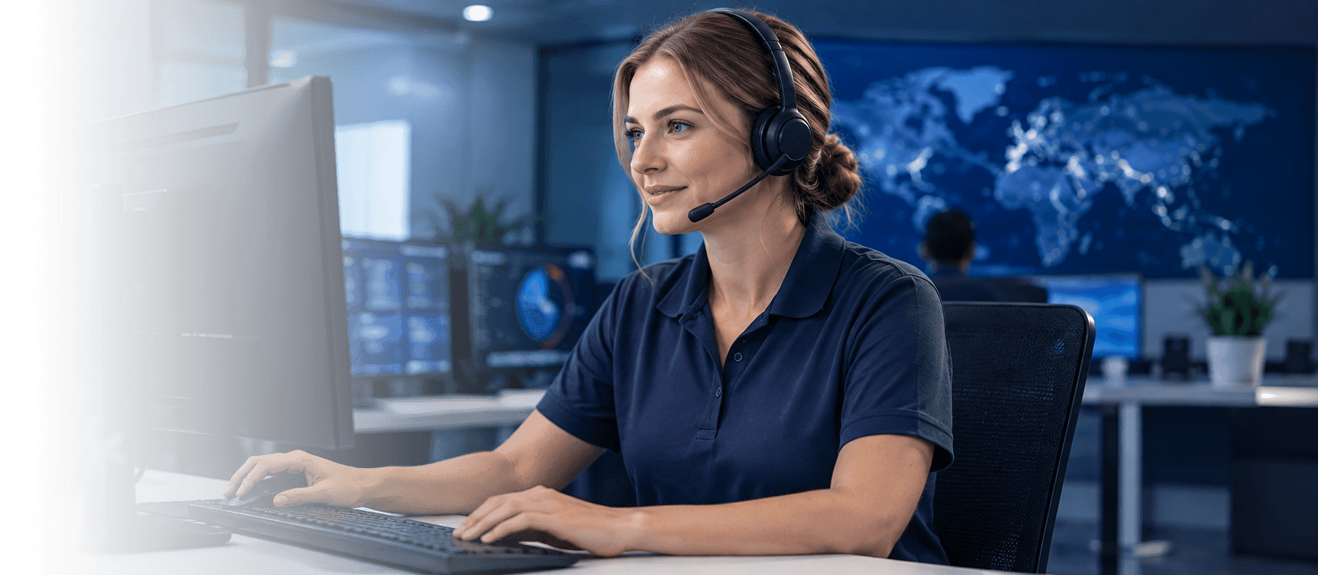 A SARC MedIQ support specialist wearing a headset at a monitoring desk