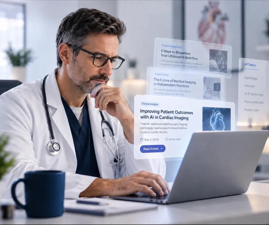 Physician reviewing AI-generated imaging insights and reports on a laptop