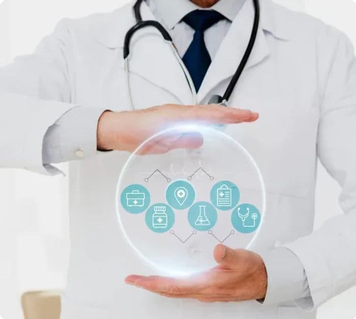 Clinician interacting with a holographic ring of care icons