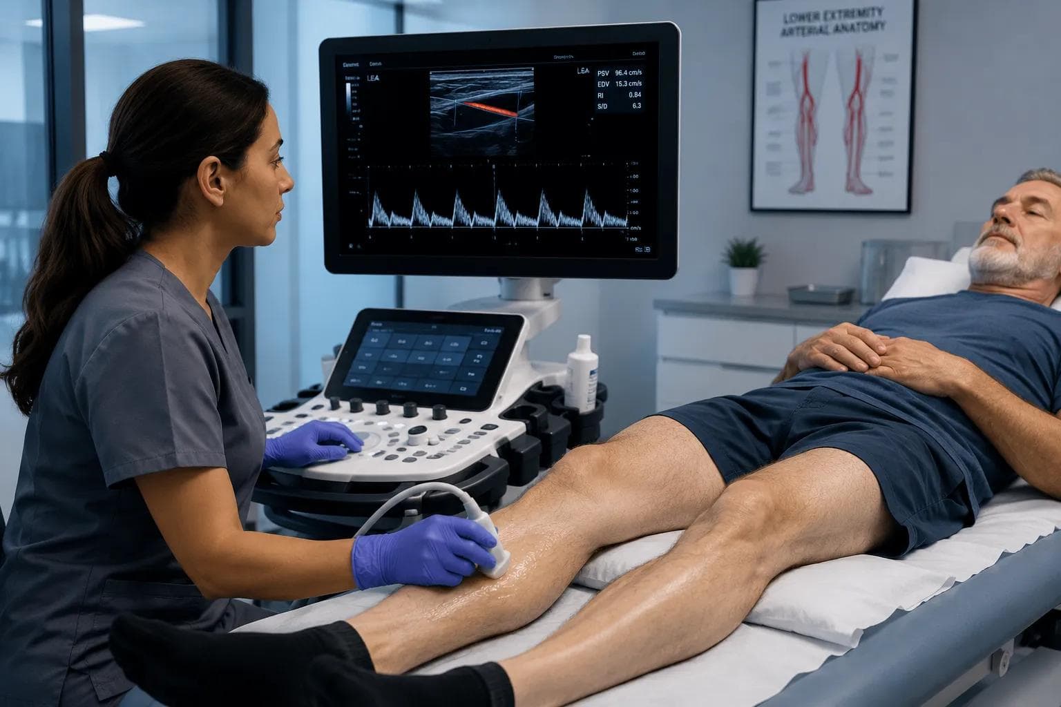 Sonographer performing a lower extremity arterial duplex exam