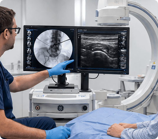 Interventional pain physician reviewing fluoroscopy and ultrasound imaging during a procedure