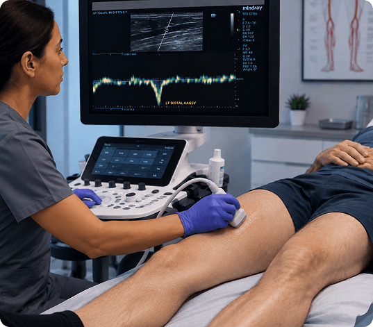 Sonographer performing a lower extremity arterial duplex exam