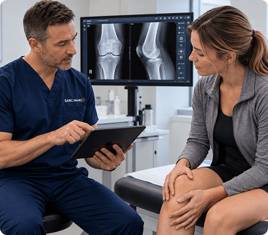 Orthopedic physician reviewing knee X-ray imaging with a patient