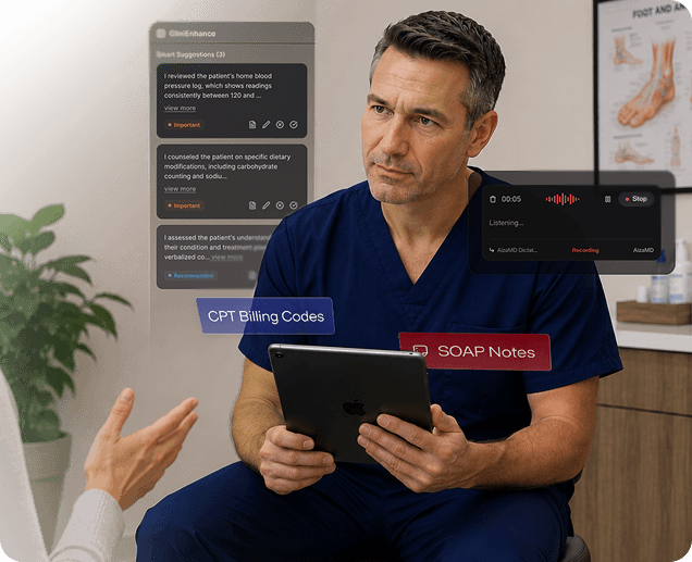 Podiatric physician reviewing AizaMD-generated SOAP notes and CPT billing codes on a tablet during a patient encounter