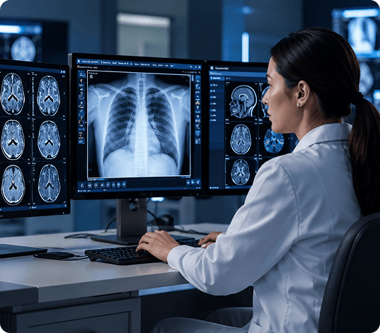Radiologist reviewing chest X-ray and brain imaging across multiple monitors