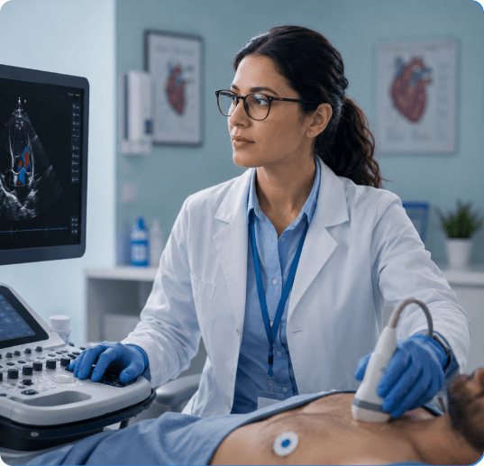 Cardiologist reviewing echocardiogram measurements with CardioIQ