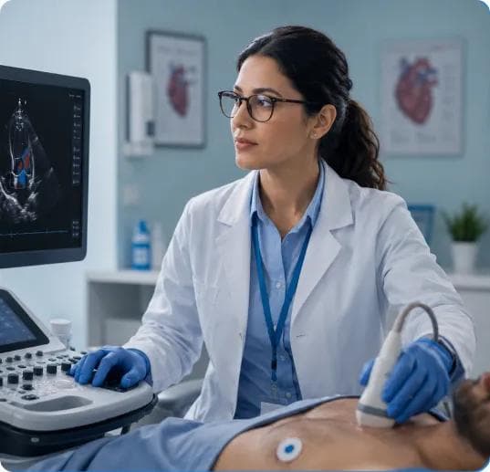 Cardiologist reviewing echocardiogram measurements with CardioIQ