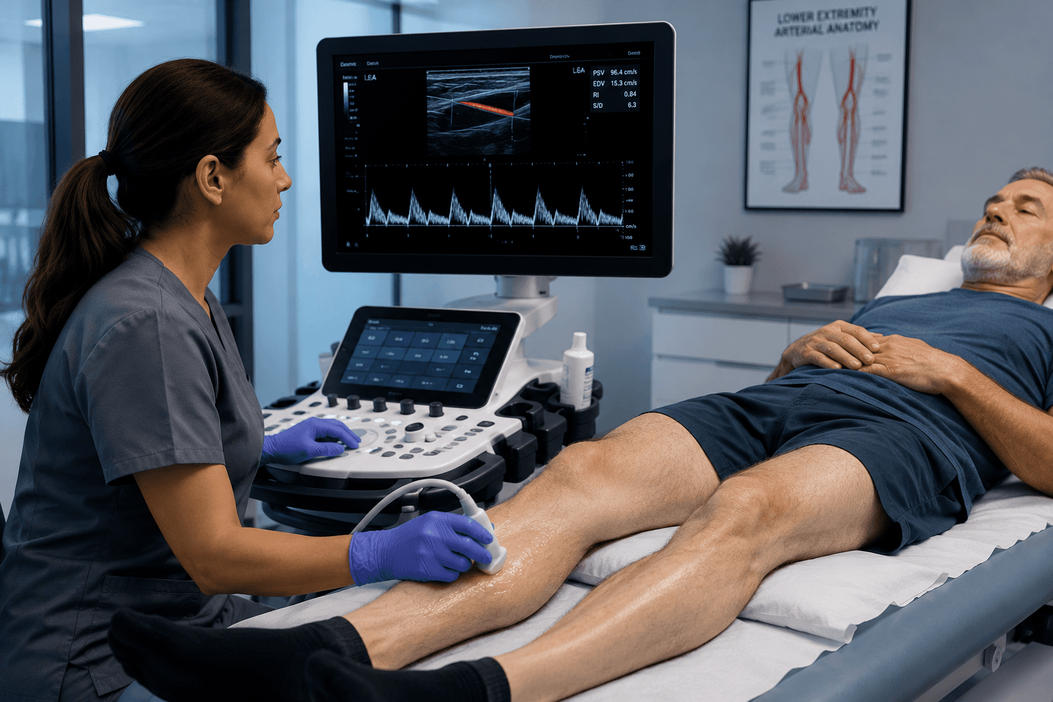 Sonographer performing a lower extremity arterial duplex exam