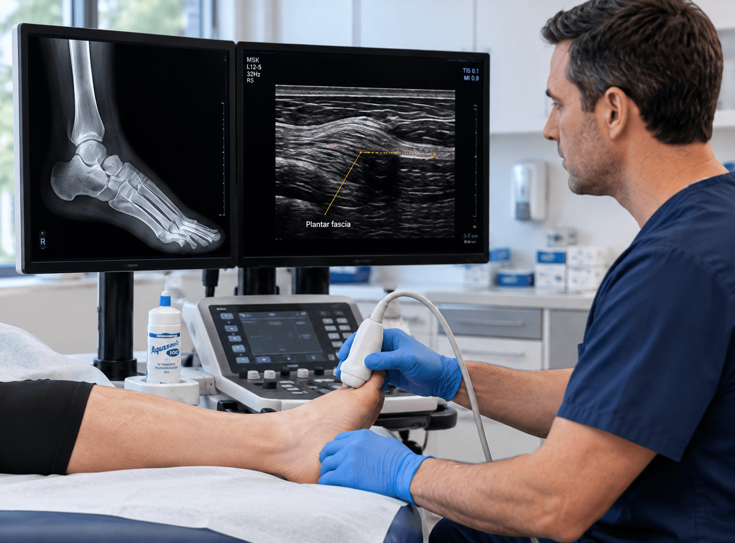 Podiatrist performing a plantar fascia ultrasound exam alongside a foot X-ray